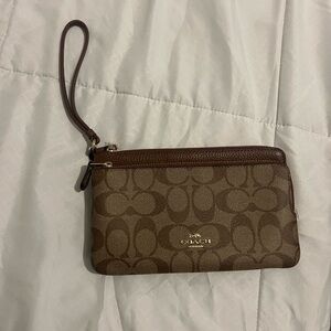 Coach Brown Signature Canvas Wristlet with Leather Trim